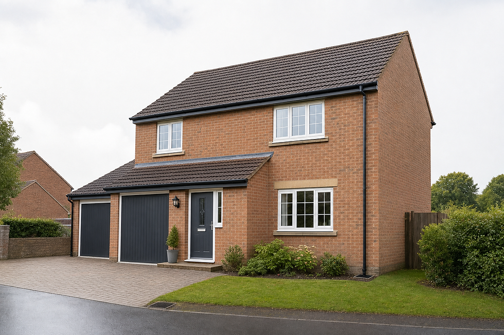 A modern red-brick detached house with a grey roof, double garage, and manicured garden on a suburban street.