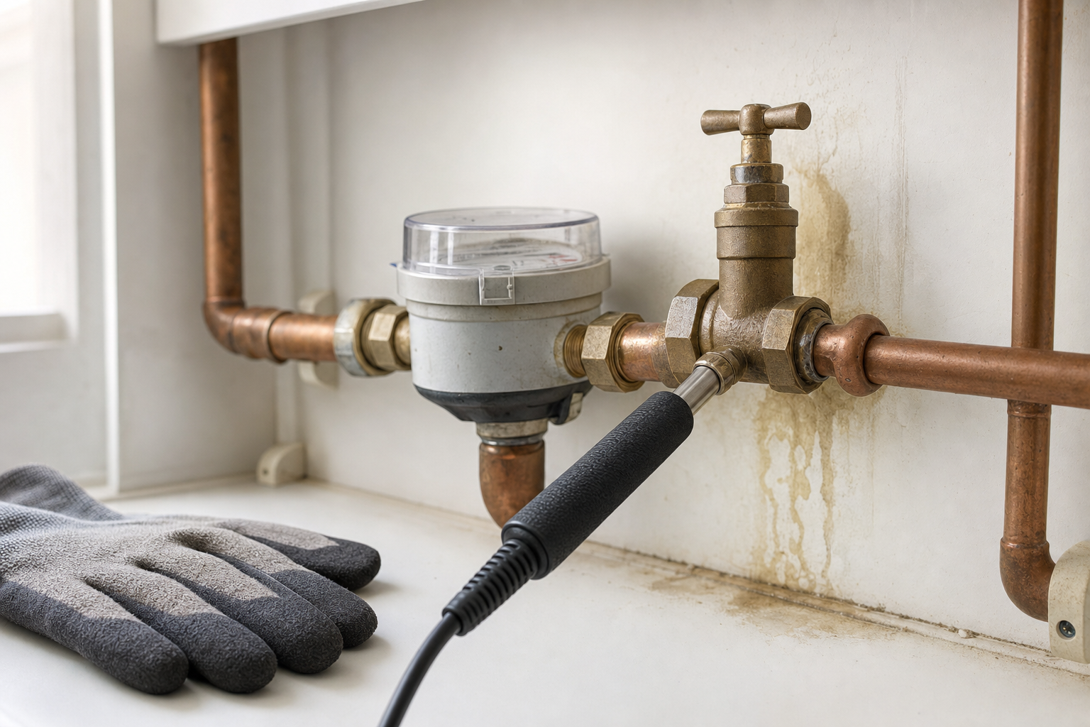 A water meter with copper pipes and a valve, alongside work gloves and a connected tool.