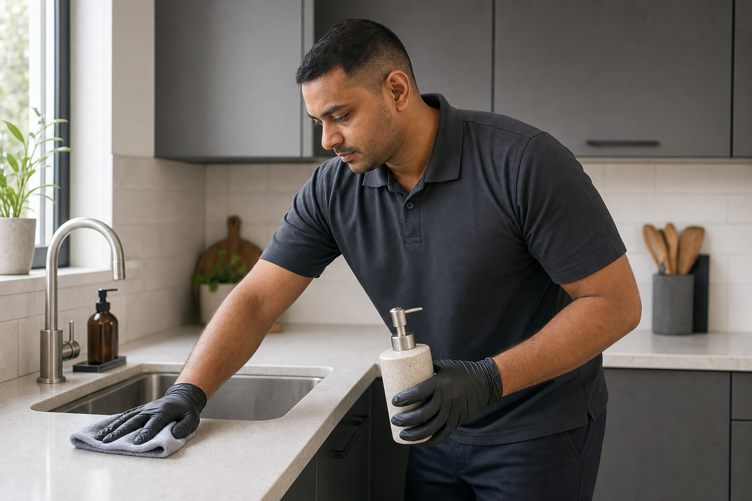 A man in black gloves cleans a kitchen worktop with a cloth and soap dispenser.
