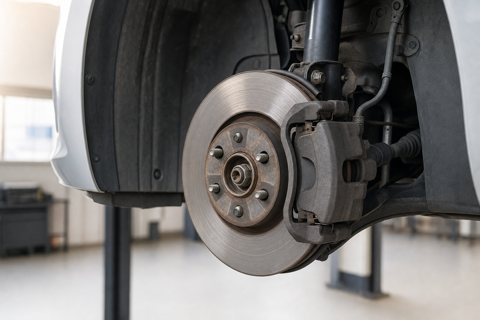 Car brake disc and caliper in a garage, with the tyre removed for maintenance.