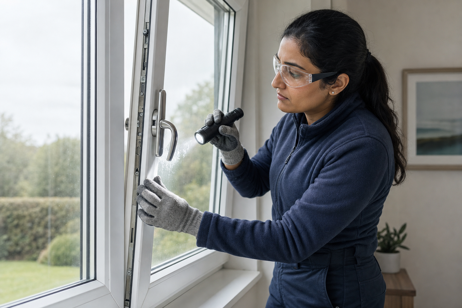 Woman inspecting a window lock with a torch, wearing safety goggles and gloves indoors.
