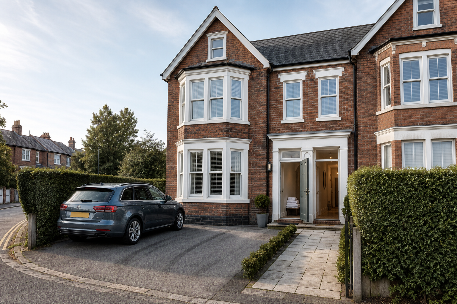 Victorian-style brick house with a parked grey estate car and open front door, bordered by hedges and trees.