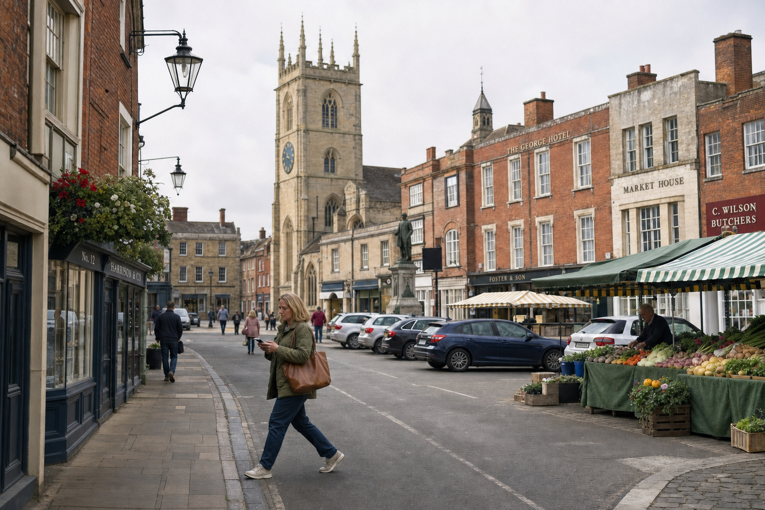 A woman walks by a market stall with fresh produce on a classic British street, featuring a tall clock tower and red-brick buildings.