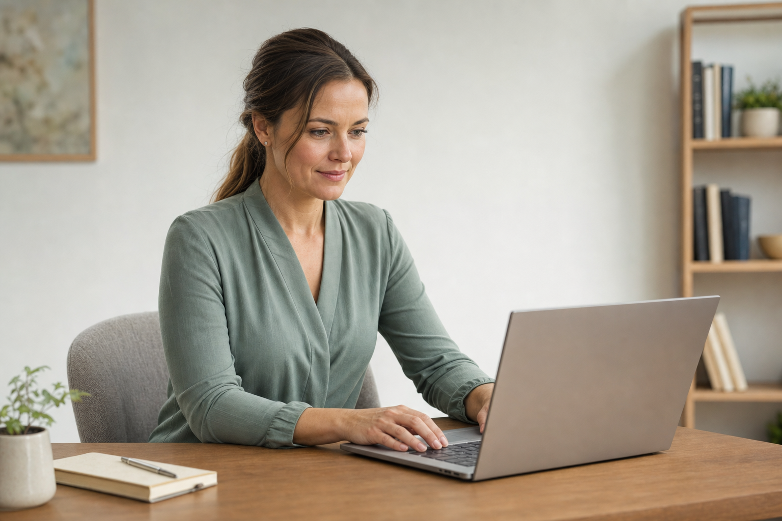 Woman in a green shirt working on a laptop at a wooden desk with a notebook and potted plant.