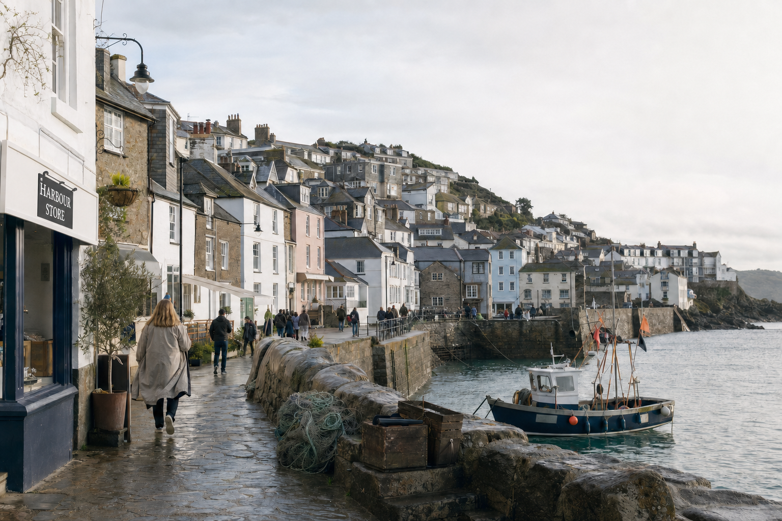 A coastal village with pastel-coloured houses overlooks a small harbour with a moored fishing boat and people walking on the quay.