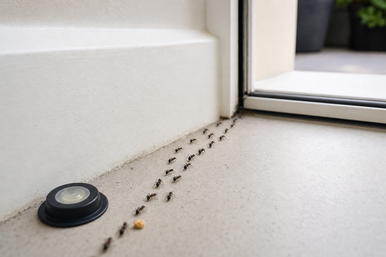 A line of ants follows a trail along a tiled floor towards an open sliding door, passing by a bait station.