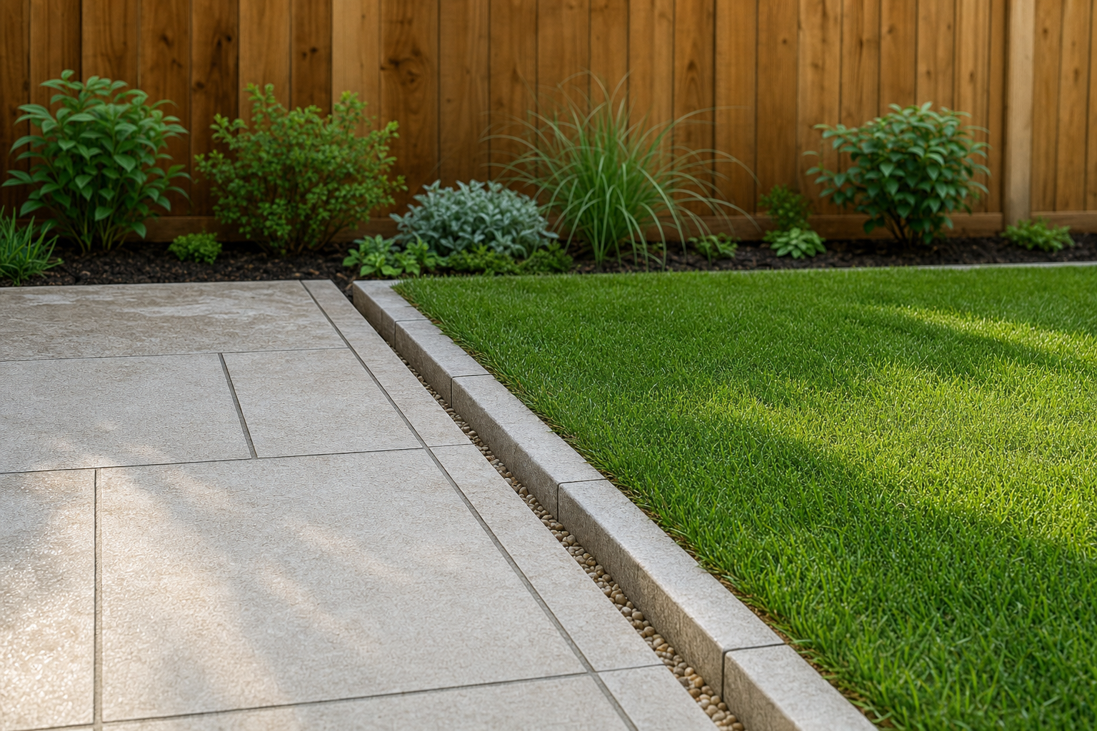 Well-maintained garden with a grassy lawn, concrete patio, and wooden fence in the background.