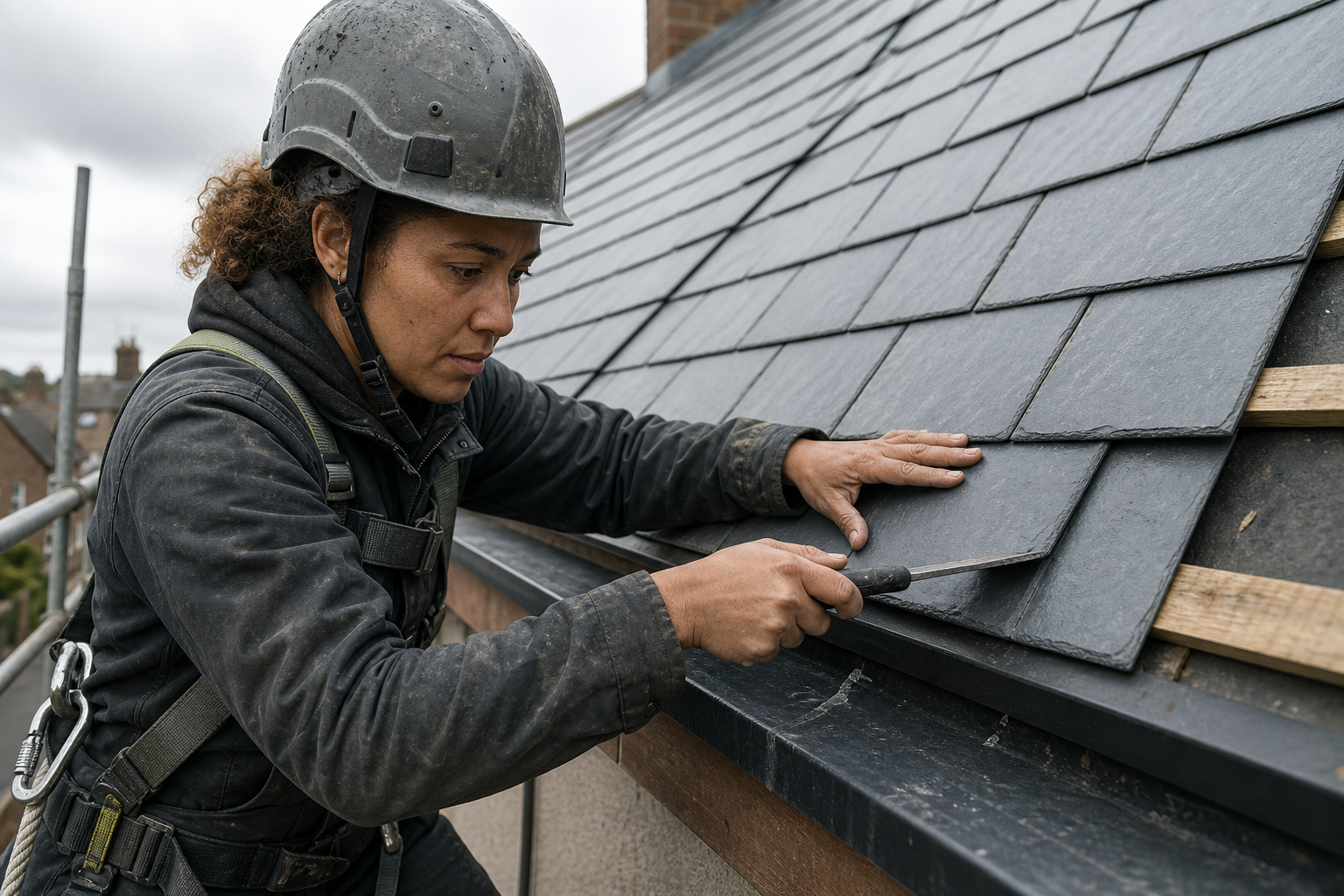 A construction worker in a helmet carefully fits slate tiles on a roof.