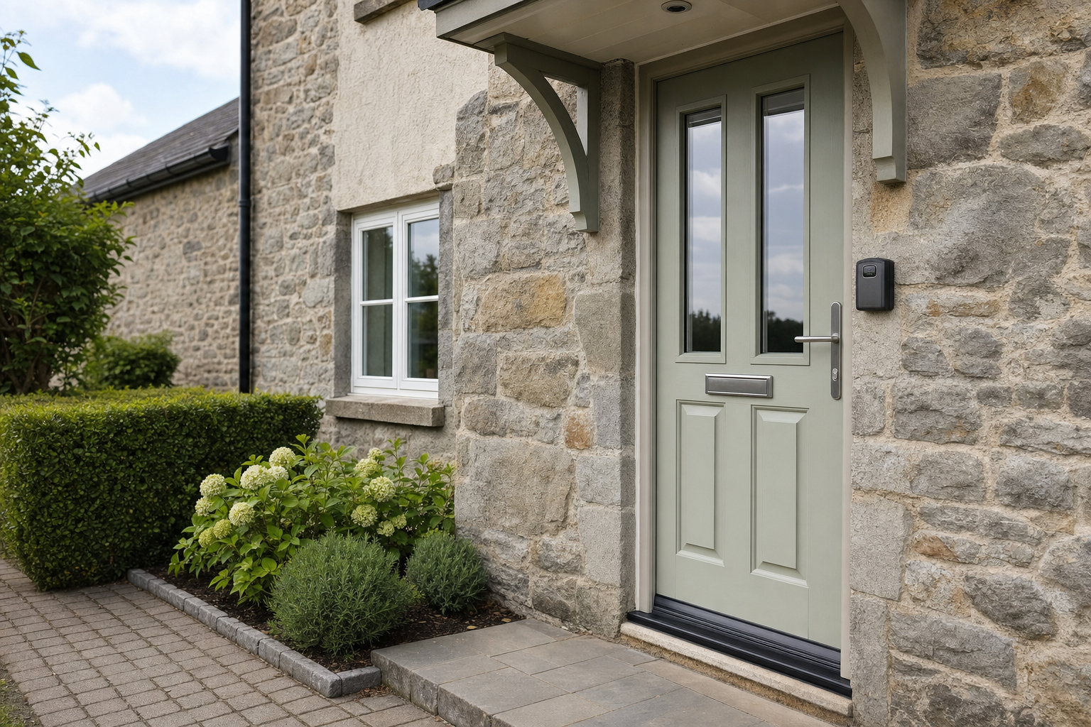 A mint green front door on a stone cottage with hedges and flowering plants.