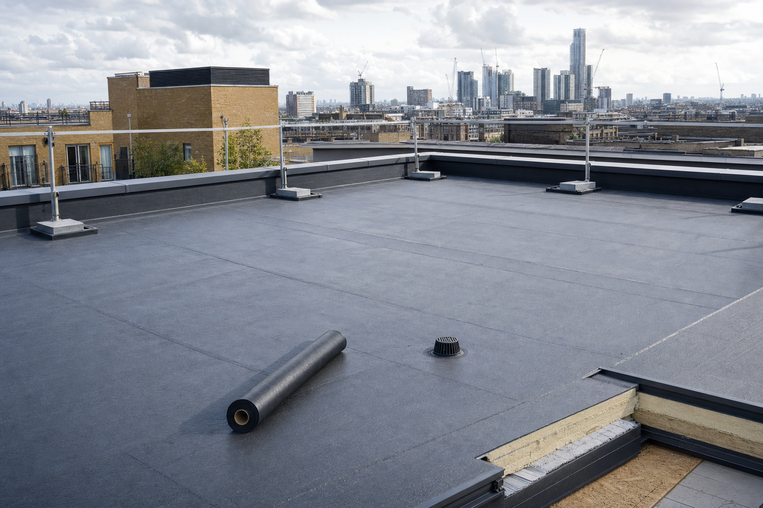 A flat rooftop with a roll of roofing material, set against an urban skyline under a cloudy sky.