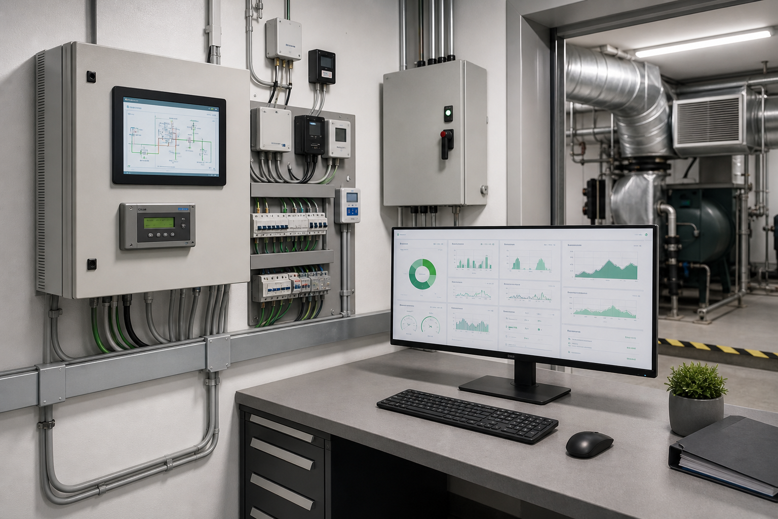 Control room with computer monitor displaying graphs and charts, surrounded by industrial equipment and panels.