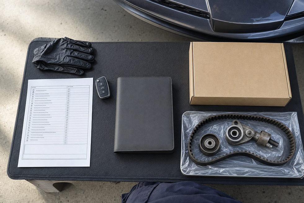 Car maintenance items on a table include a checklist, gloves, key fob, folder, box, and timing belt components.