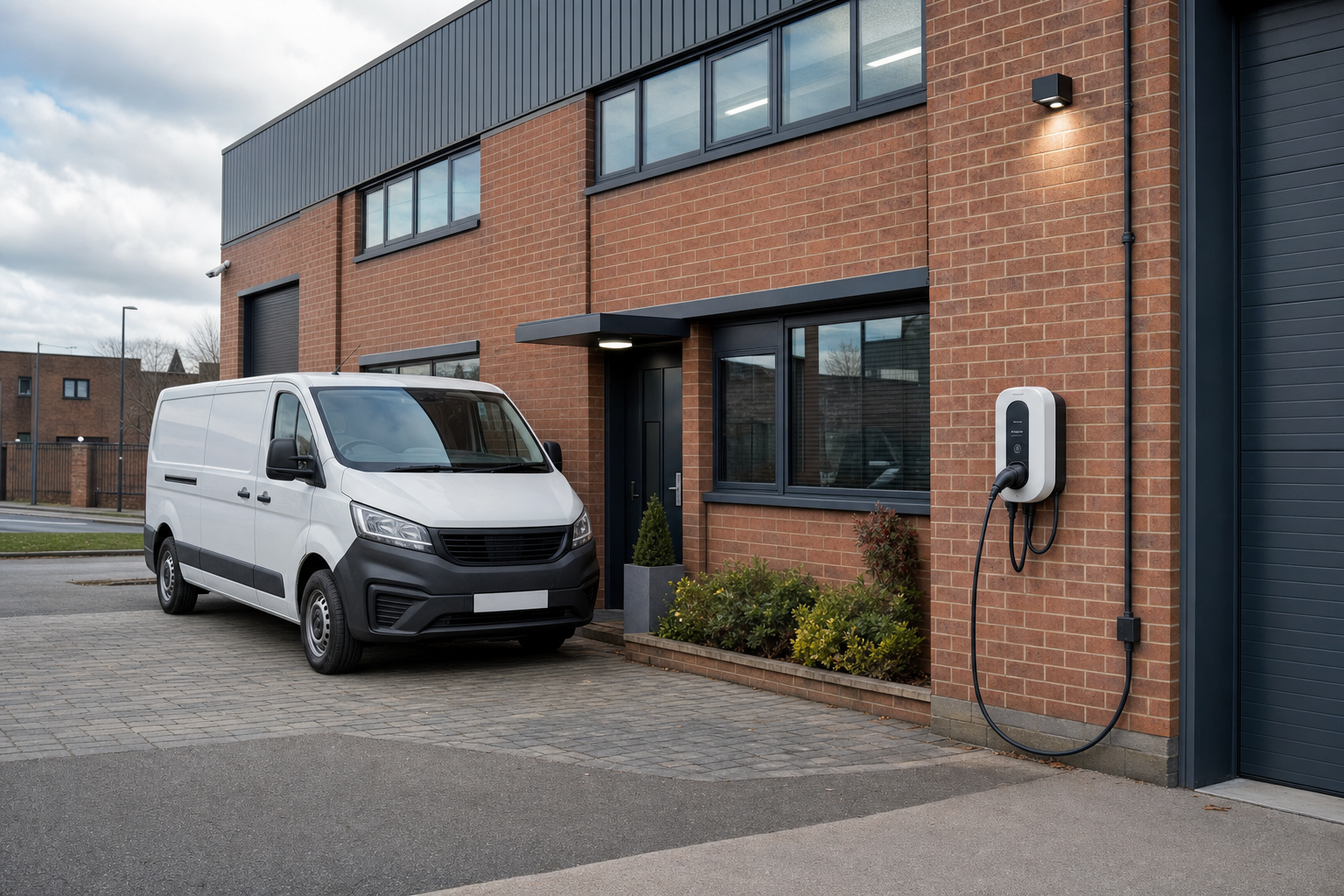 A white delivery van parked beside a brick building with an electric vehicle charging station.