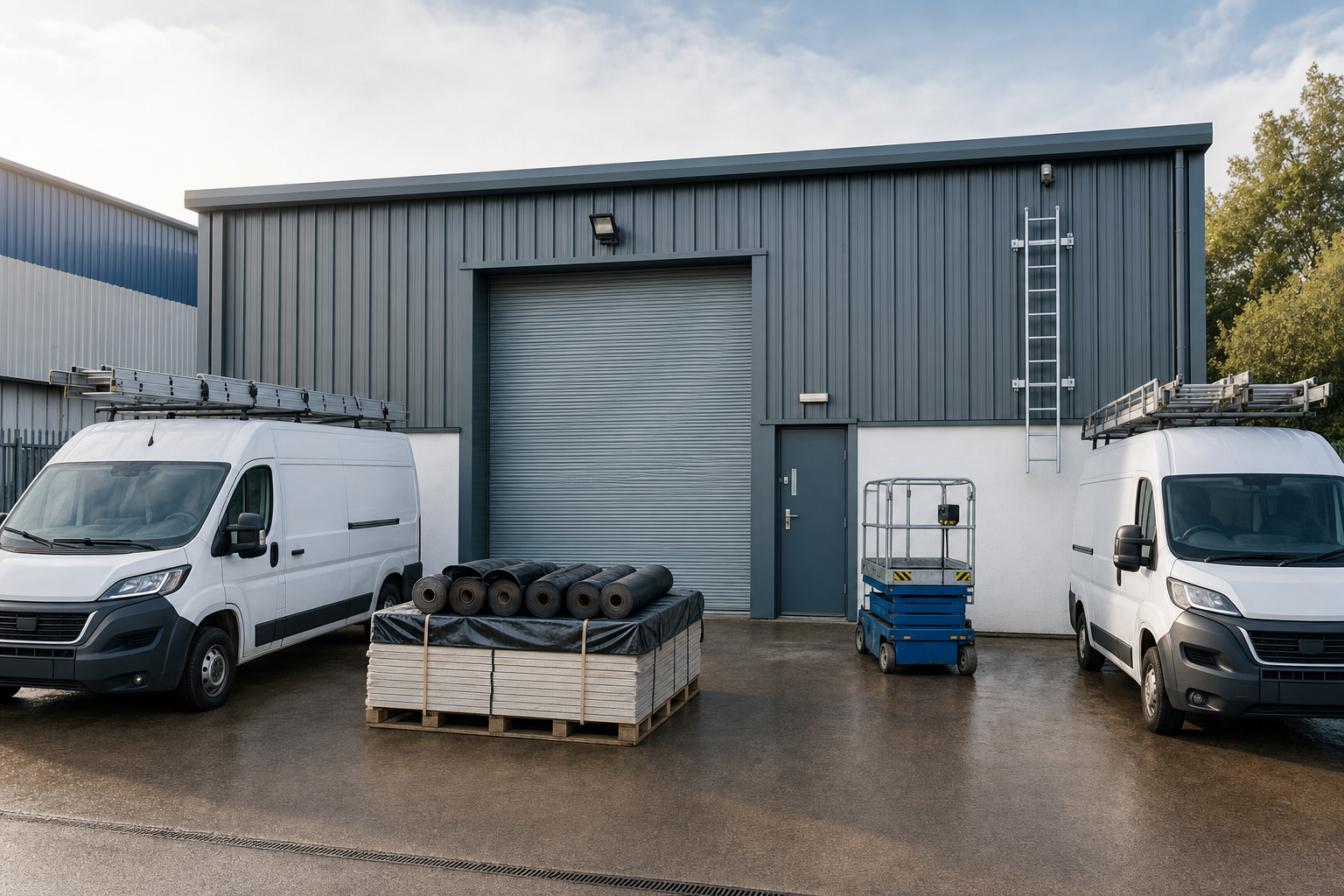Industrial warehouse exterior with two white vans, stacked materials, and a blue scissor lift on a wet concrete yard.