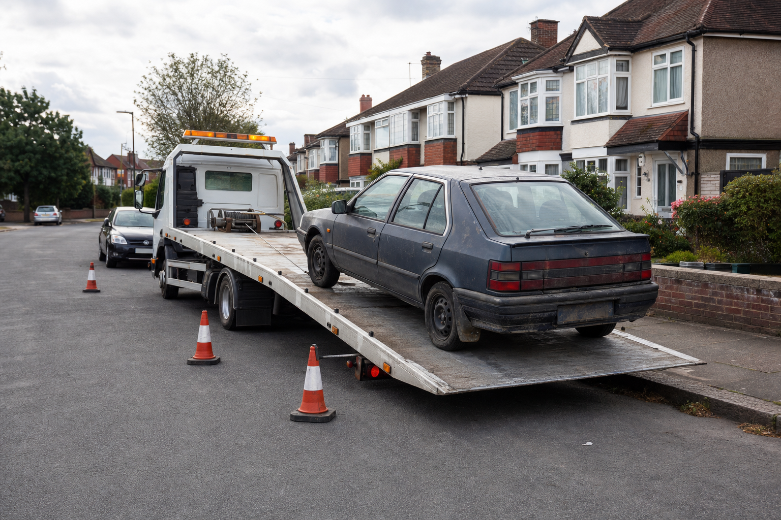 A tow truck is loading an old car with traffic cones marking the street in a residential neighbourhood.
