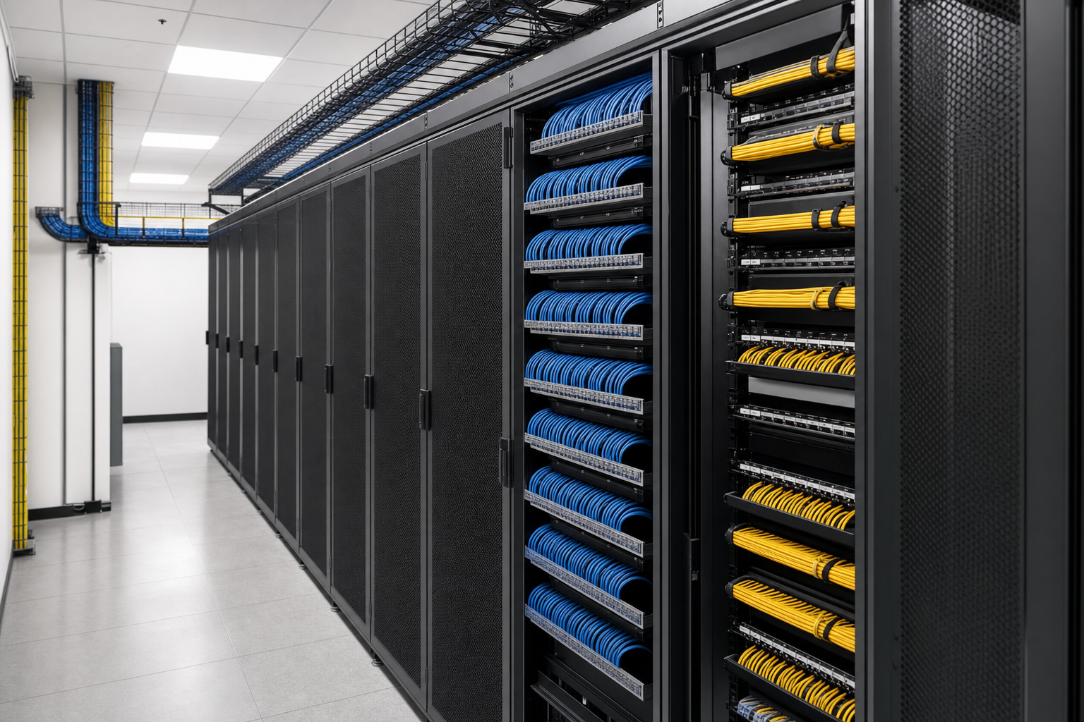 A data centre corridor with server racks filled with neatly organised blue and yellow cables.