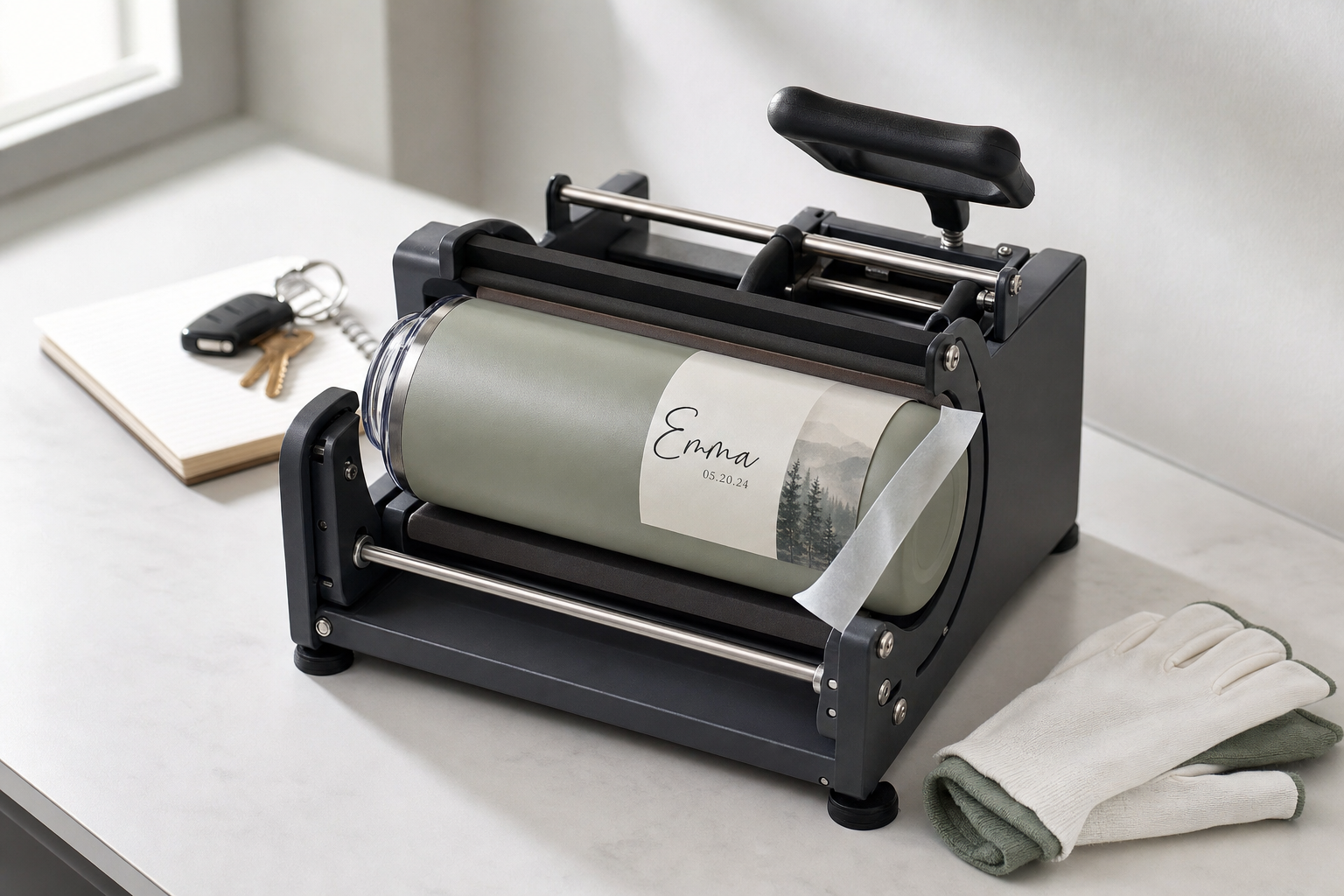 Custom tumbler being wrapped in a label with the name Emma, next to gloves and keys on a table.
