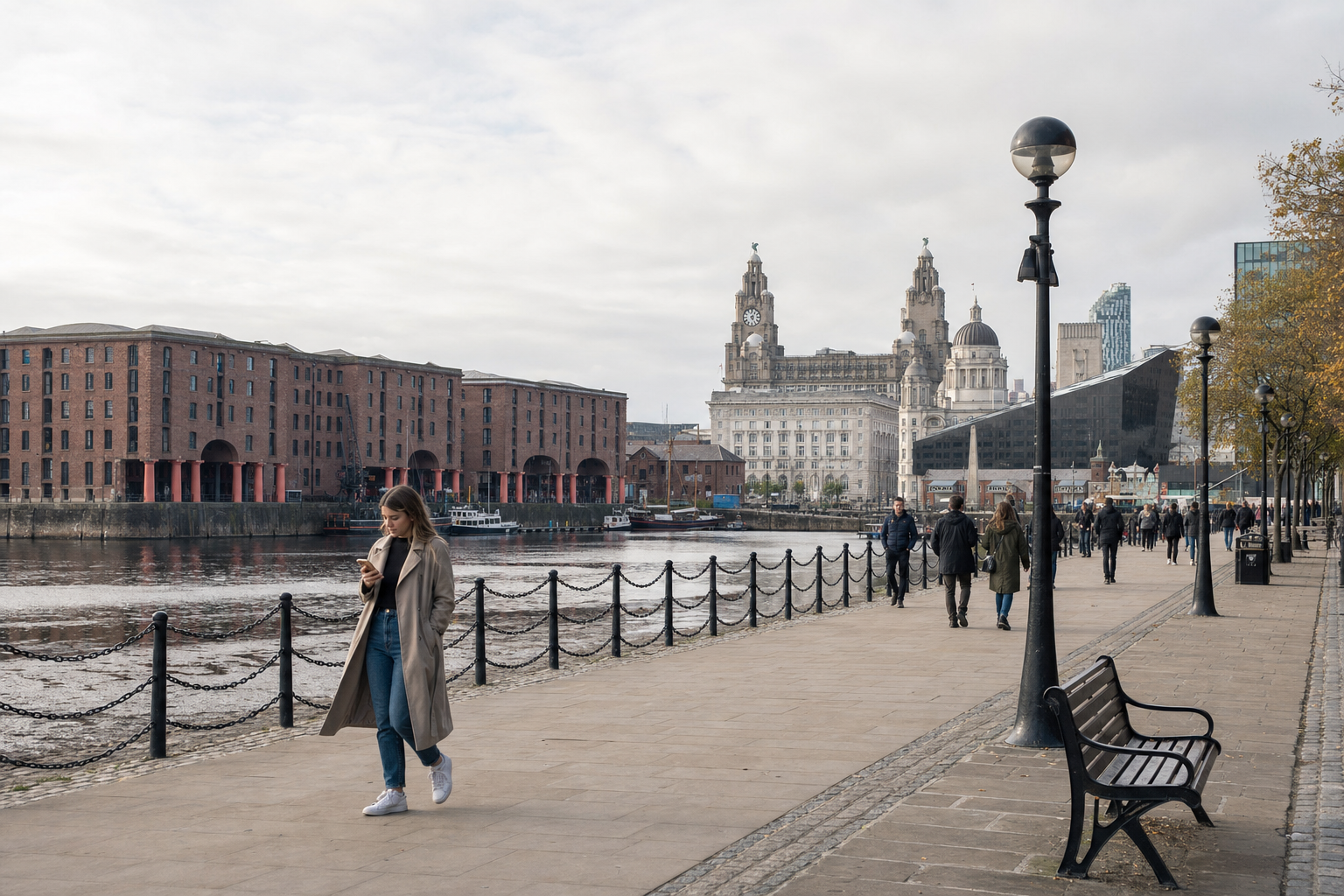 A woman walks along Liverpool's waterfront near Albert Dock, with the Royal Liver Building in the background.