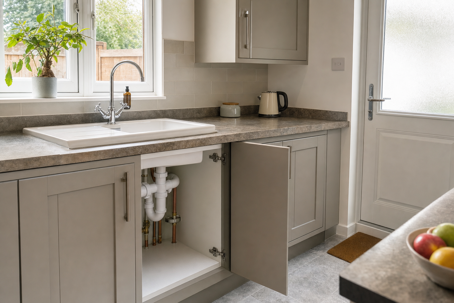 Modern kitchen with open cabinet under the sink, grey worktops, and a potted plant by the window.