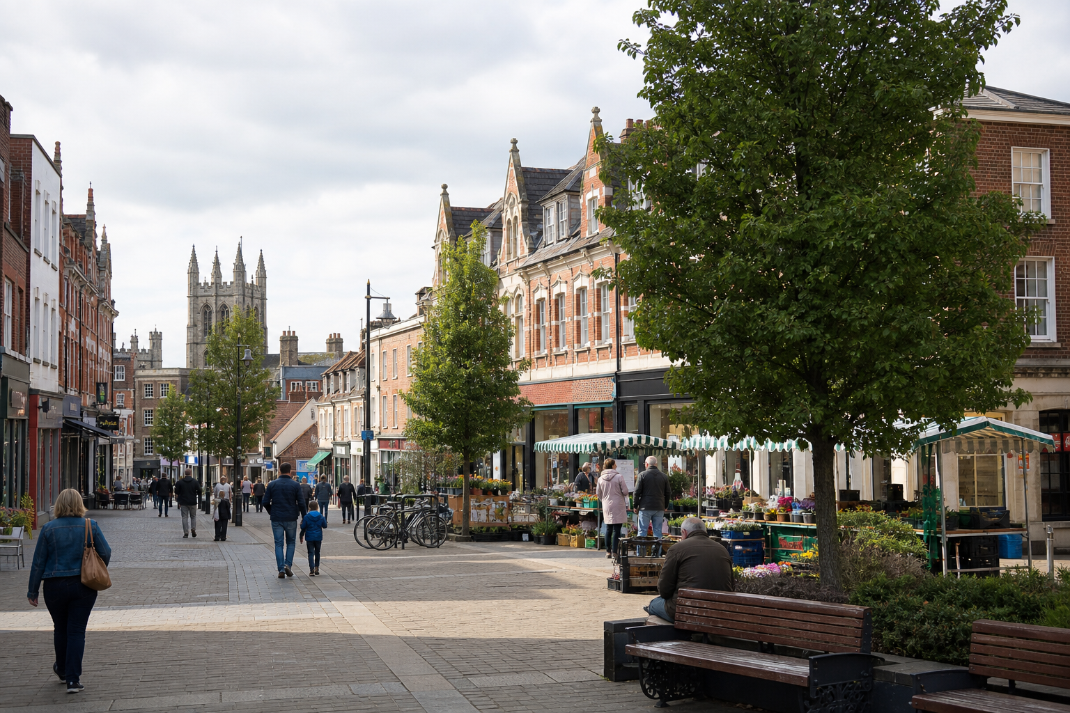 A bustling high street with market stalls and shoppers, set against a backdrop of historic buildings and a church tower.