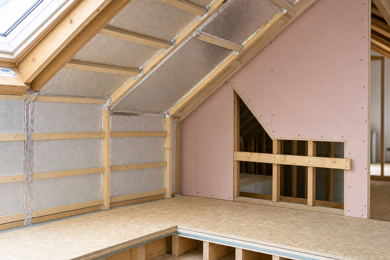 A partially constructed loft conversion with wooden framing and insulation panelling under a skylight.