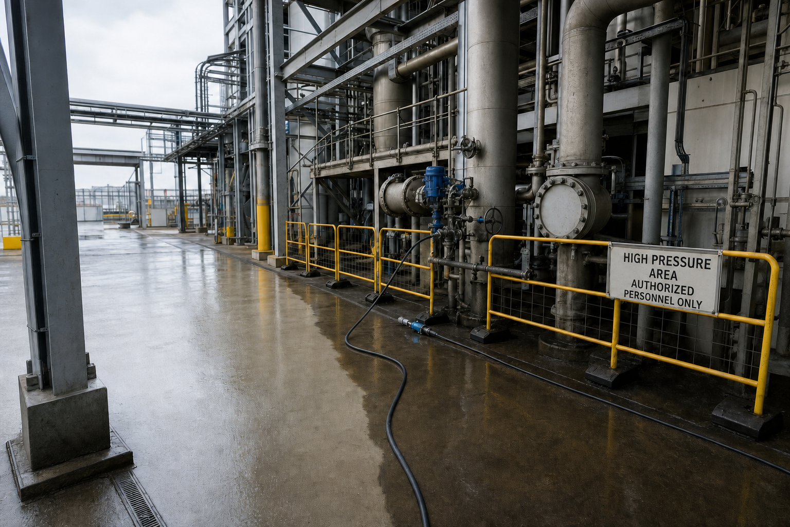 Industrial area with metal pipes, wet floor, safety barriers, and a sign reading "High Pressure Area Authorised Personnel Only."