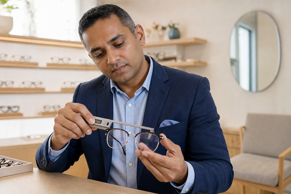 Man in a suit measuring eyeglasses with a digital calliper in an optical shop.
