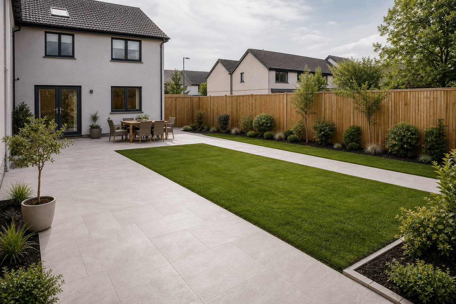 Modern garden with a paved patio, dining set, lush grass, and bordered by a wooden fence and shrubs.