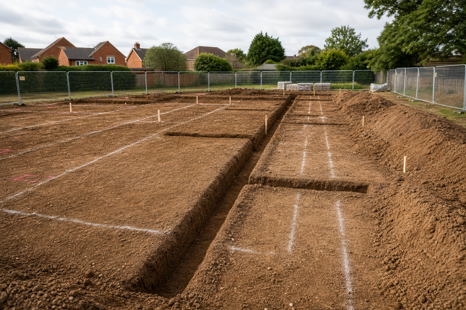 A construction site with trenches marked by white lines, surrounded by houses and fenced off for safety.