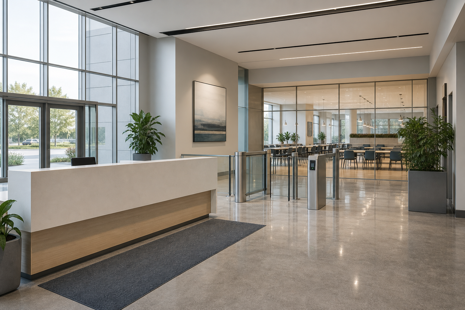 Modern office lobby with a large reception desk, glass partitions, and seating area in the background.