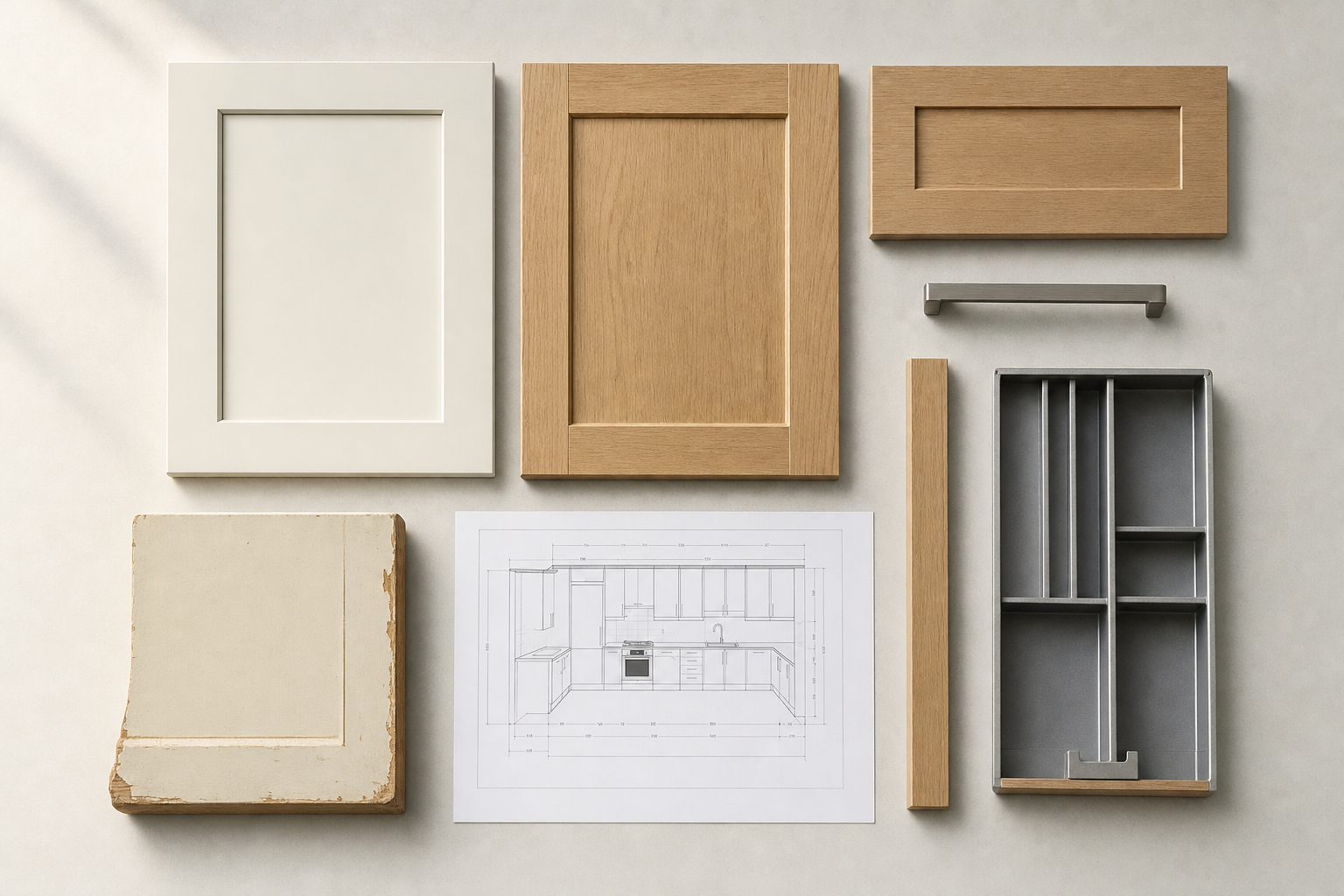 Kitchen design layout with cabinetry, hardware, and material samples on a light background.