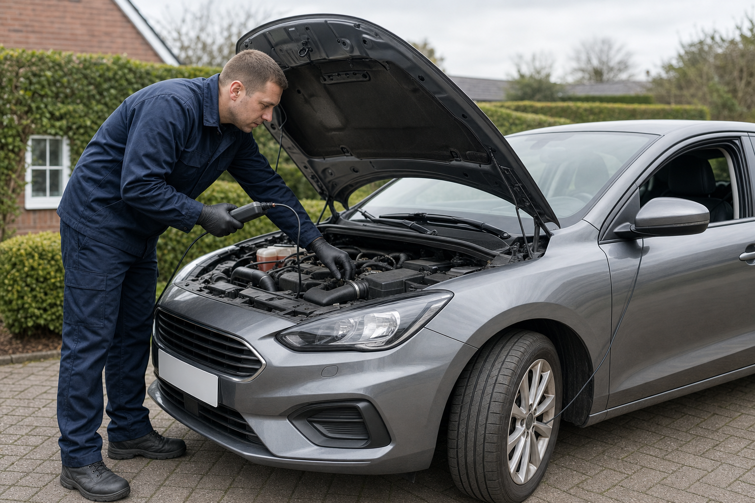 Mechanic in blue overalls inspecting a grey car's engine with the bonnet open.