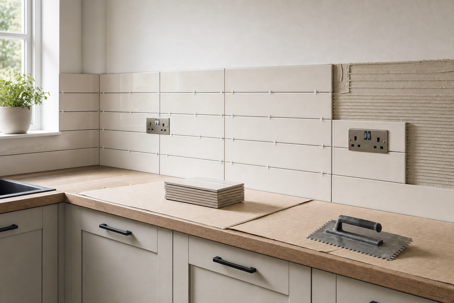 Kitchen undergoing renovation with partially tiled wall and tools on the worktop.