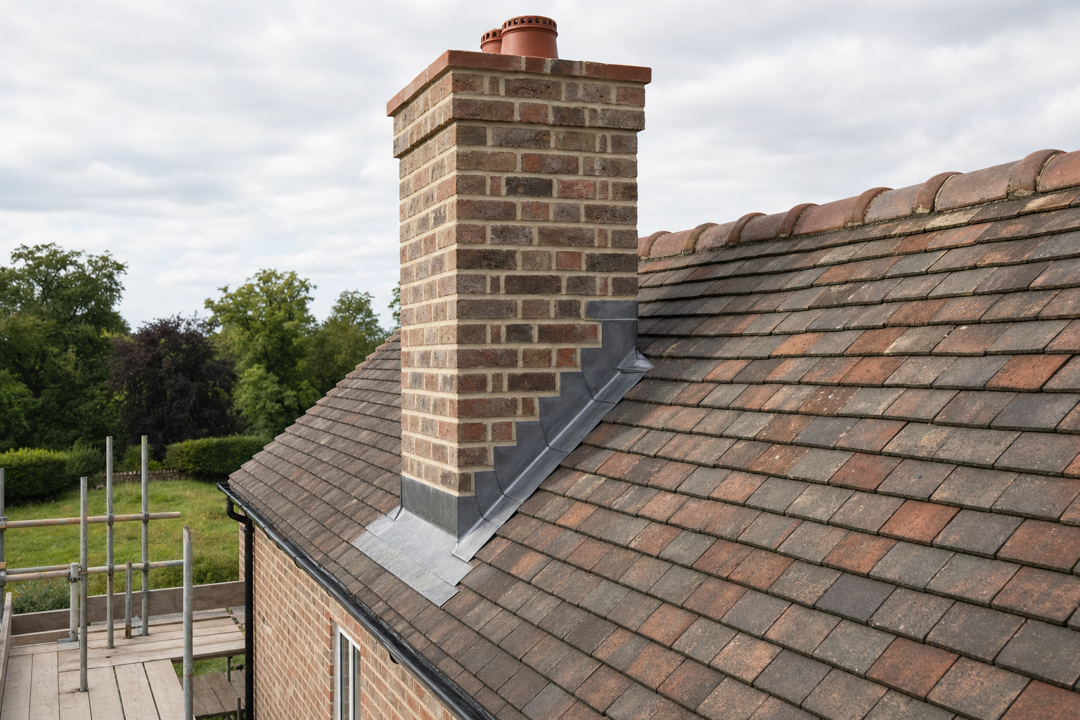A brick chimney with metal flashing on a tiled roof beside scaffolding, set against a backdrop of trees and a cloudy sky.