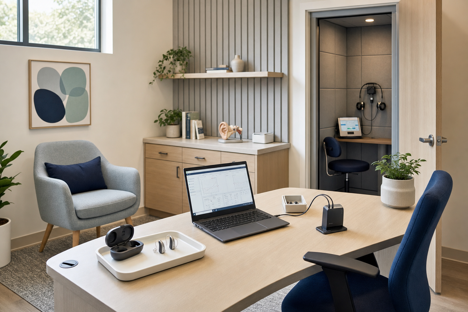 Modern audiology office with a laptop on a desk, hearing aids, and a soundproof booth in the background.