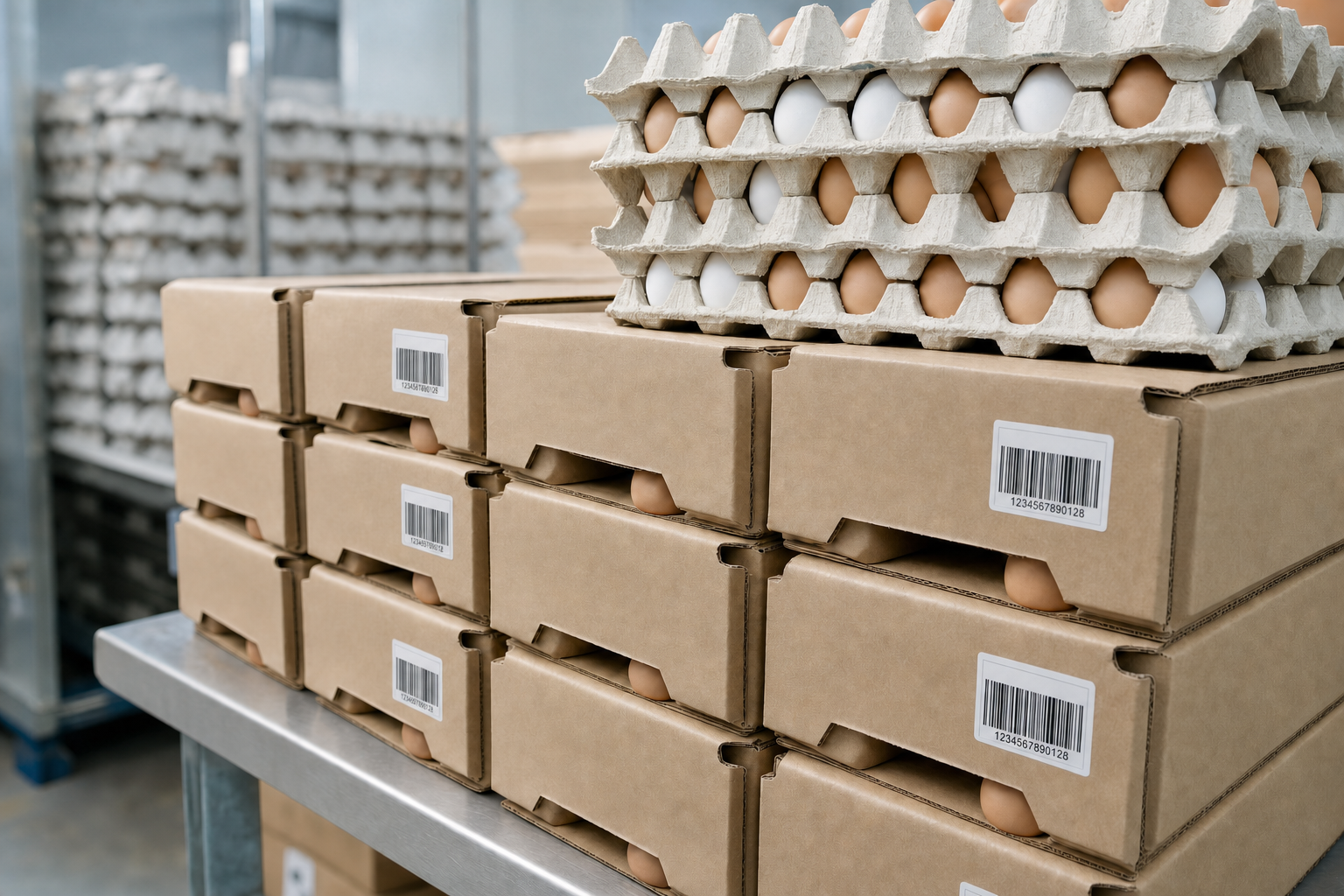 Stacked cartons and trays of eggs with visible barcodes on a metal shelf in a storage room.