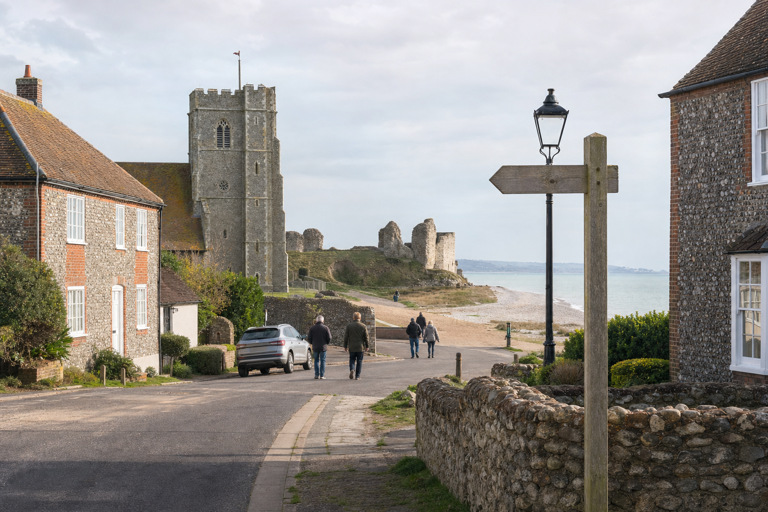 People walking towards a historic stone church near the coast, with ruins and the sea in the background.