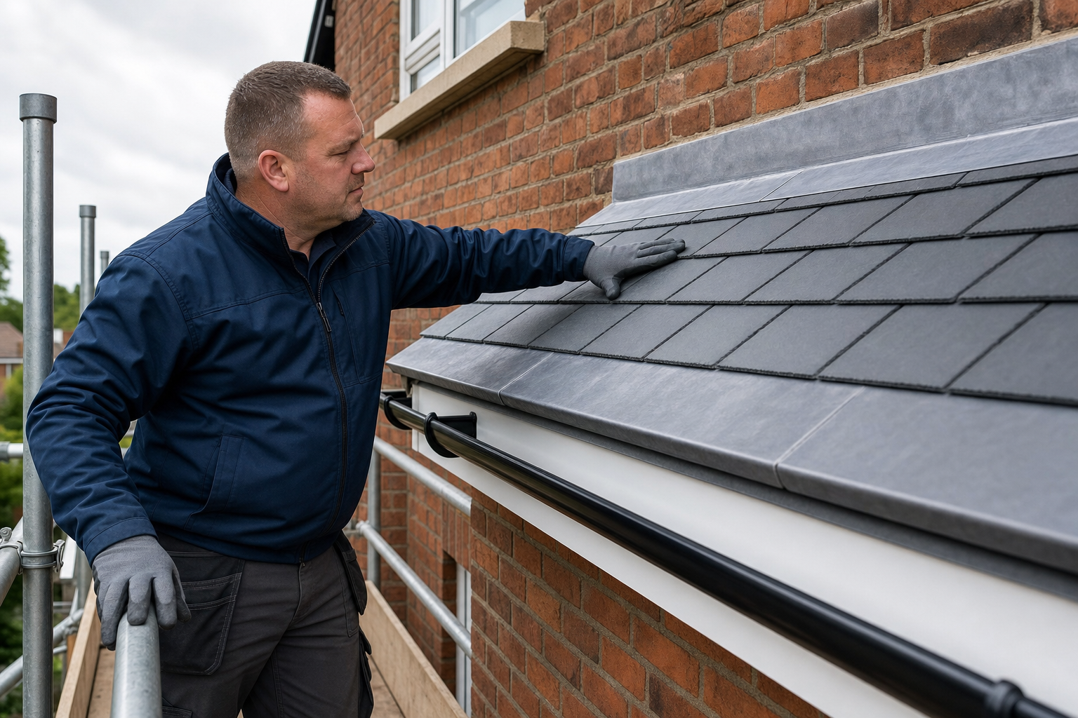 Roofer inspecting a tiled roof on a scaffold next to a brick building.