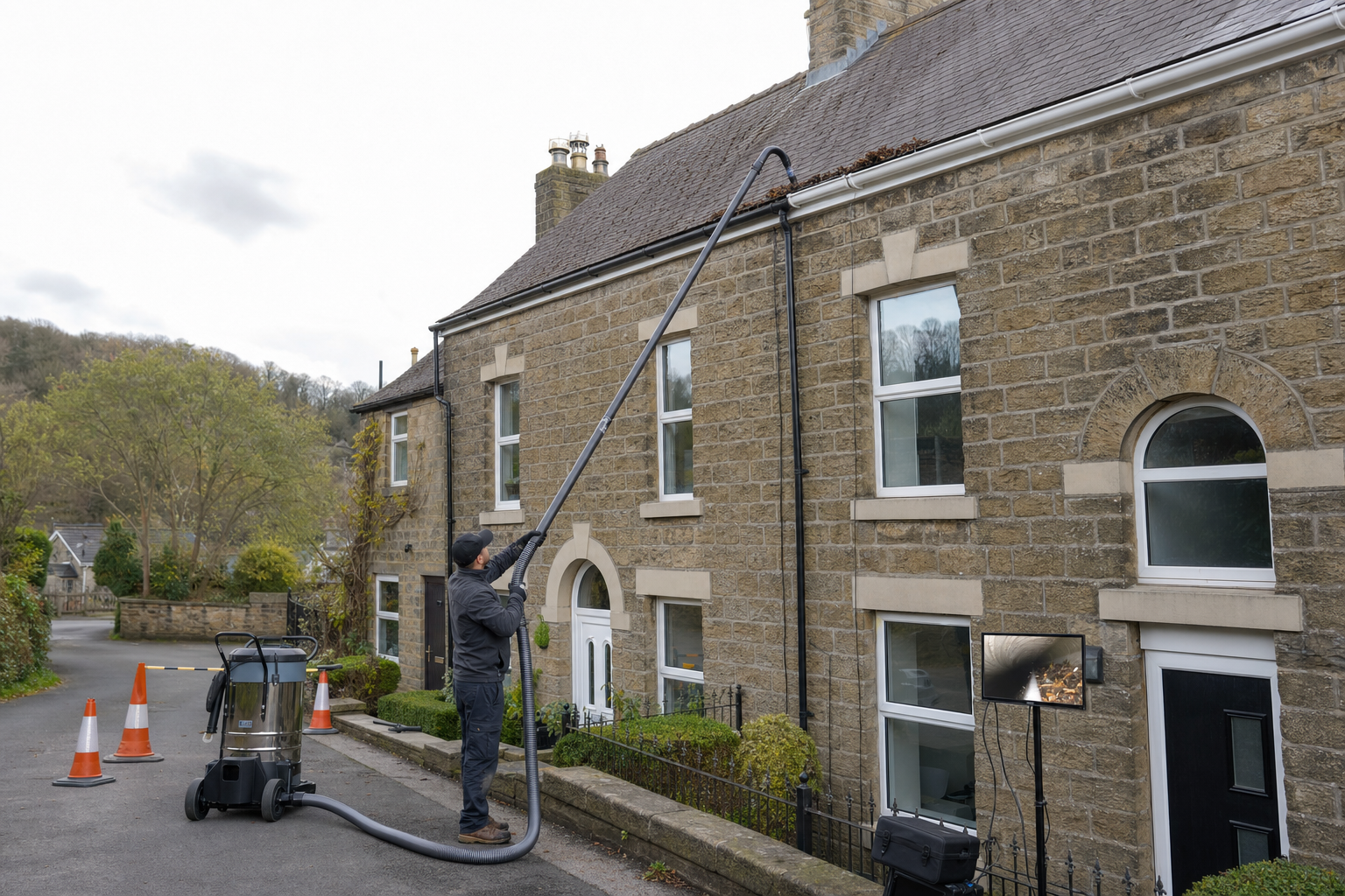 A worker uses a long hose vacuum to clean the gutters of a stone house on a quiet street.