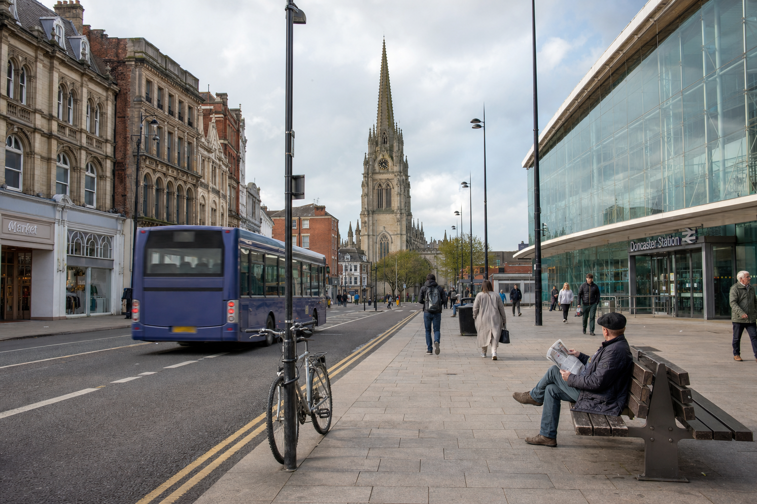 A man sits on a bench reading a newspaper near Doncaster Station with a church spire in the background.