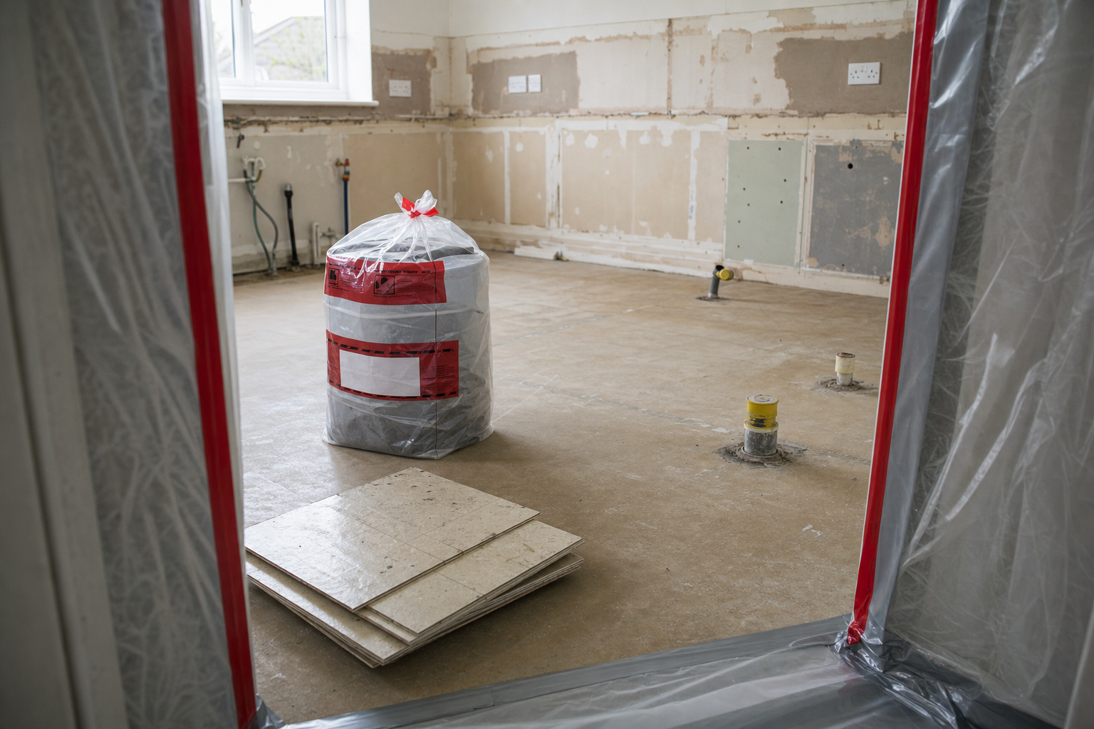 A kitchen under renovation with exposed pipes, wrapped waste container, and tiles on the floor.