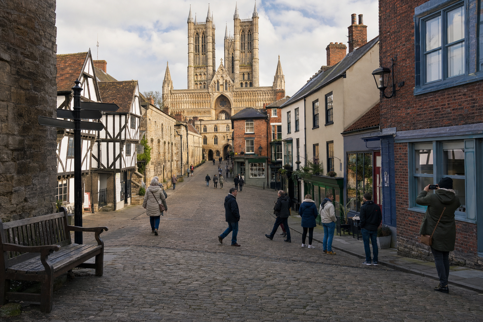 People walking on a cobbled street lined with historic buildings, with a large gothic cathedral in the background.