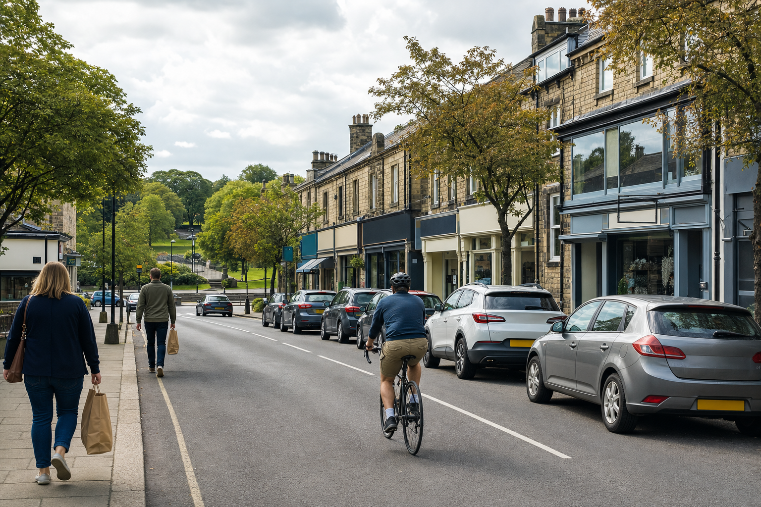 A cyclist rides down a quaint street with parked cars and pedestrians by rows of traditional stone buildings.