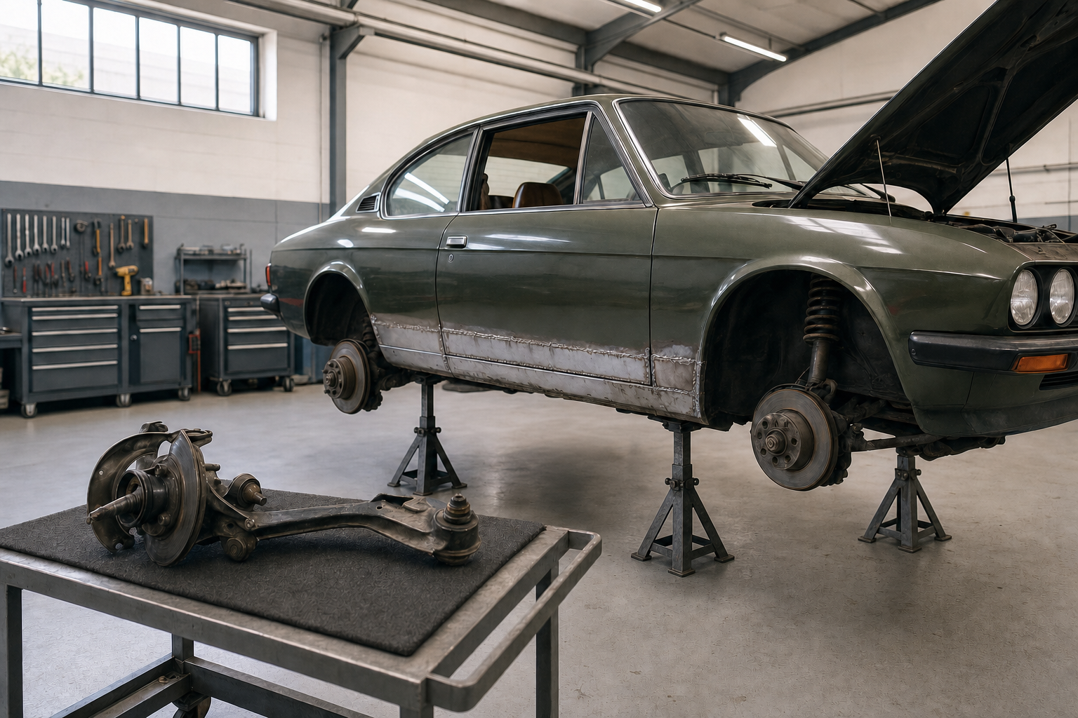 A vintage car is elevated on stands in a garage, with a removed suspension component on a nearby table.