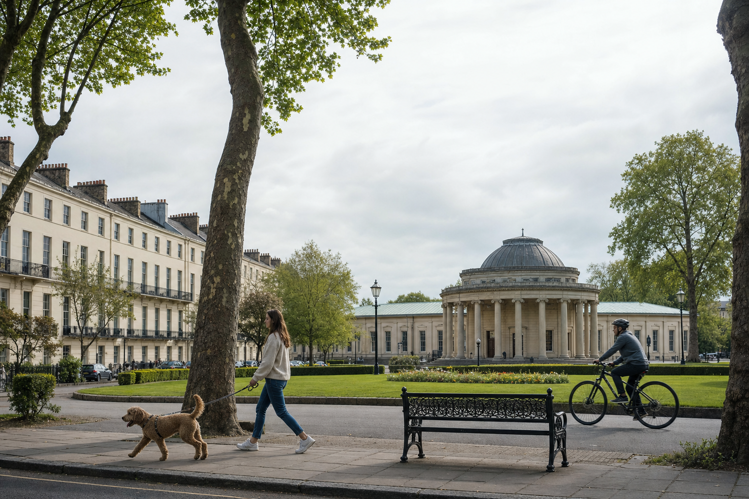 A woman walks her dog past a circular building and a cyclist in a tree-lined urban park.