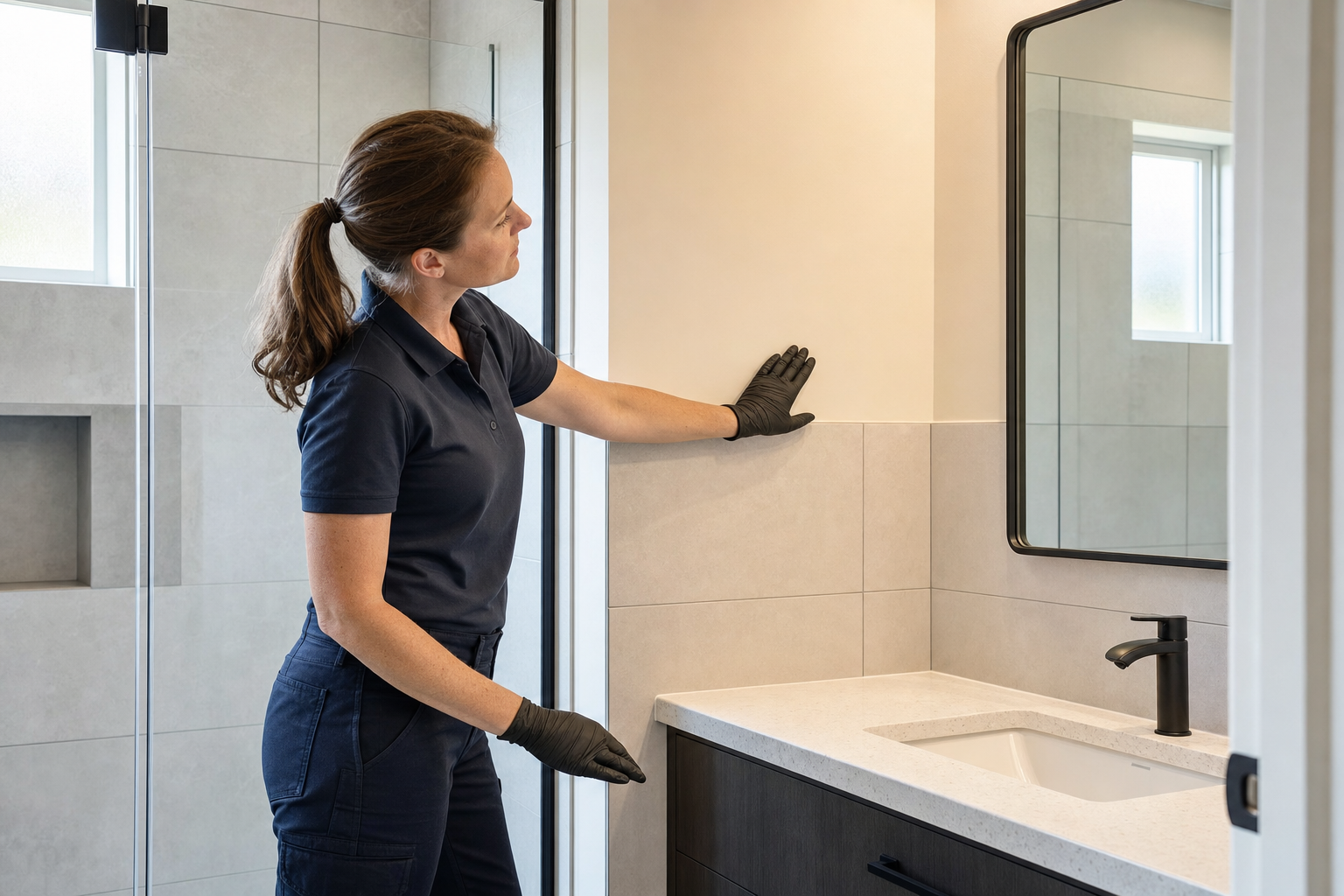 A woman wearing gloves examines freshly installed tiles in a modern bathroom next to a sink and mirror.