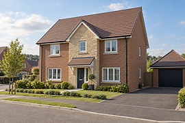 Modern two-storey brick house with a landscaped garden and adjoining garage under a clear blue sky.