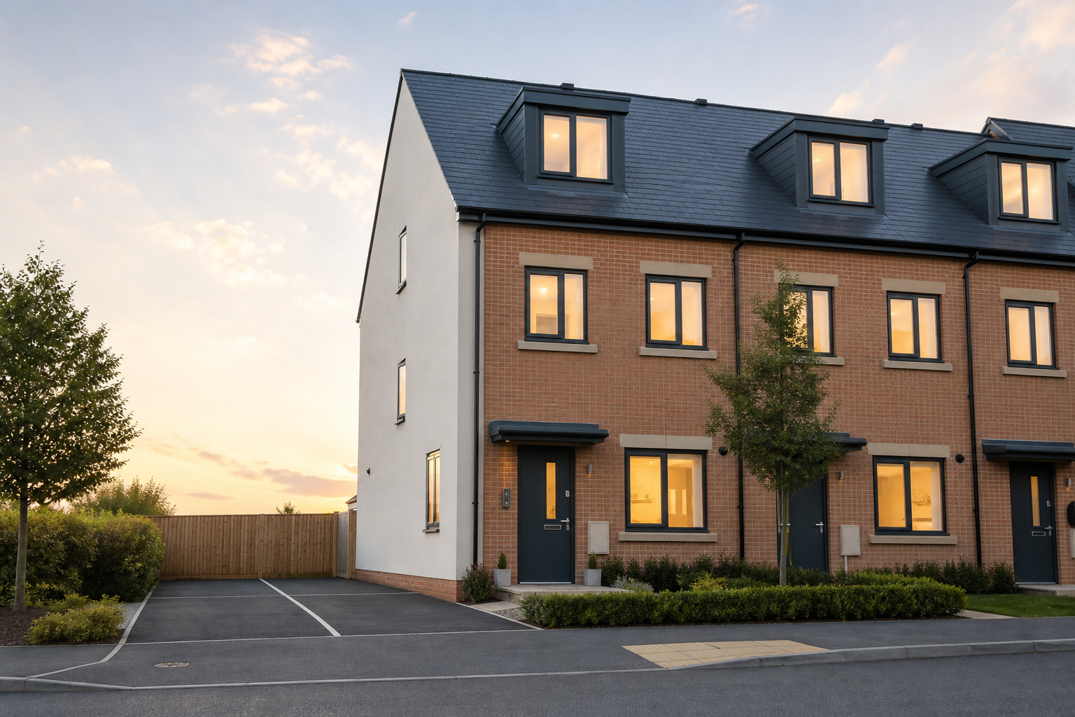 A modern three-storey townhouse with illuminated windows at sunset, featuring a small front garden and driveway.