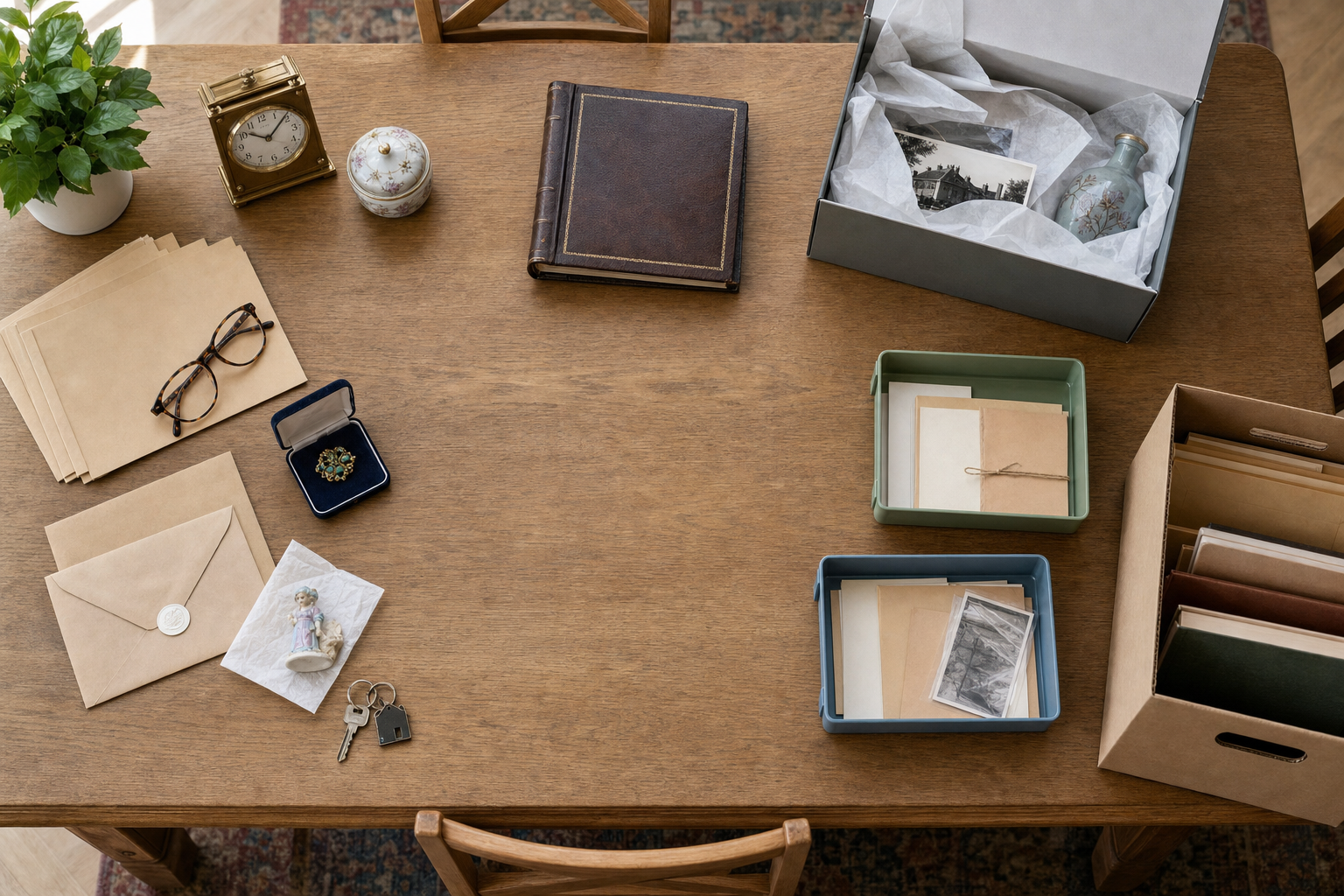 Organised collection of vintage items on a wooden table, including an old book, clock, envelopes, photos, and keepsakes.