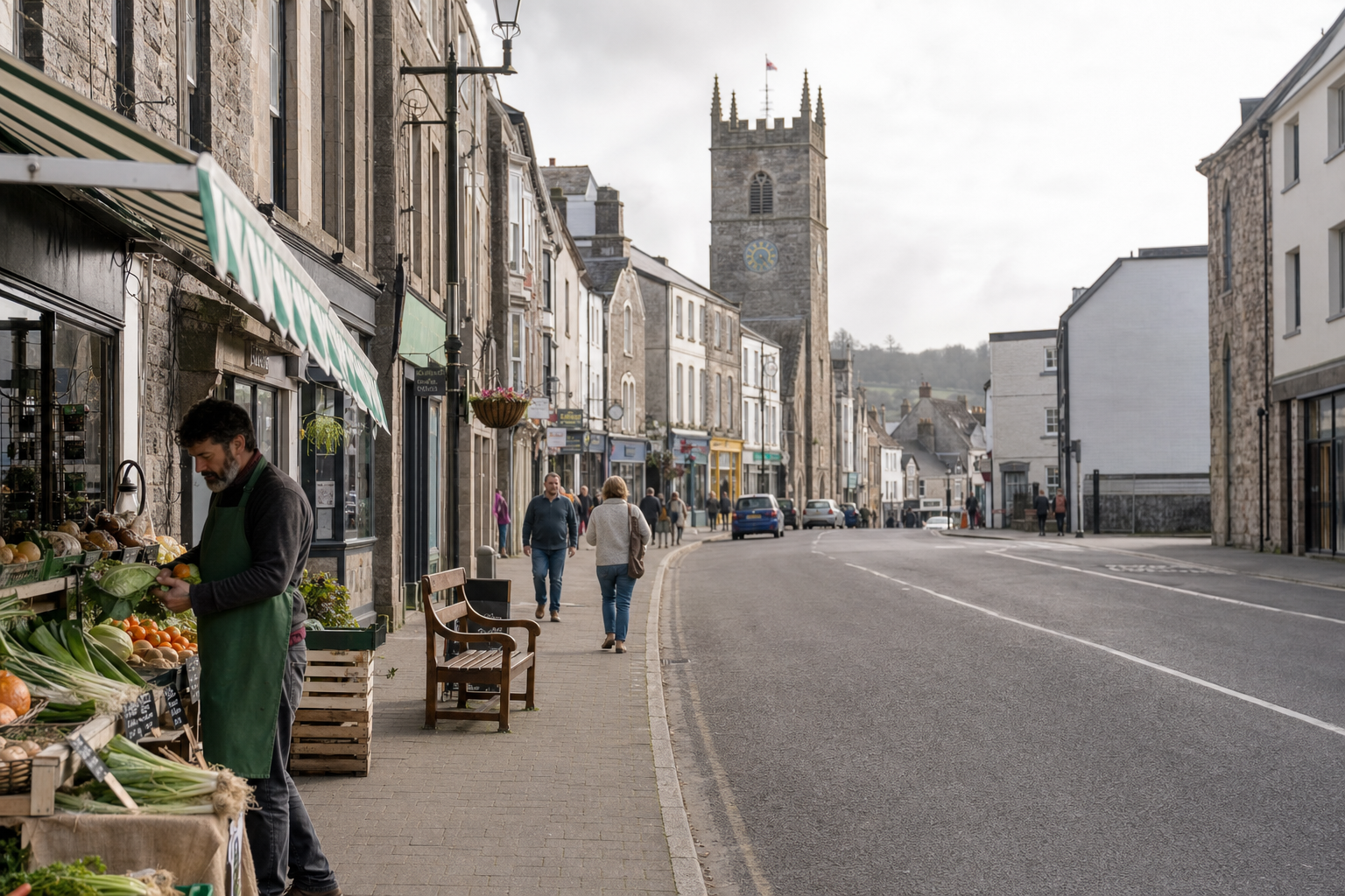 A man arranges produce outside a shop on a quaint cobblestone street with a church tower in the background.